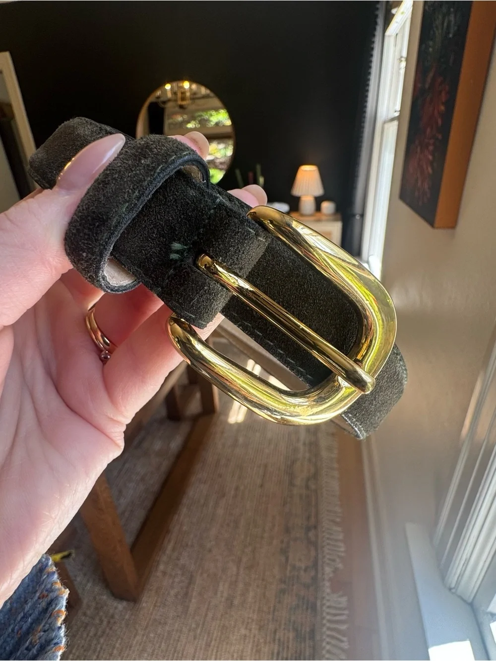 Avignon Women’s Green Suede Leather Belt large Gold Buckle made in USA Size S